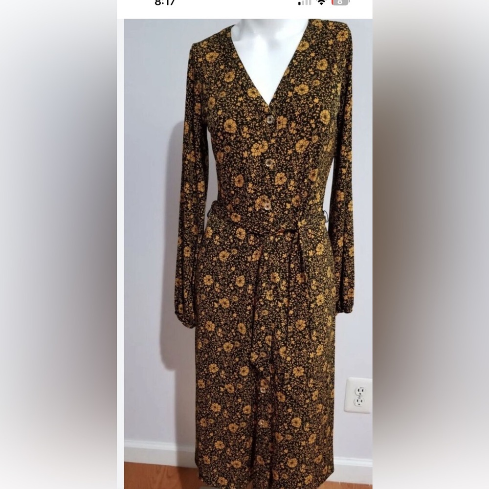 NEW MICHAEL KORS V-NECK BUTTON DOWN STRETCH FLARE FLORAL DRESS SIZE L - MARIGOLD